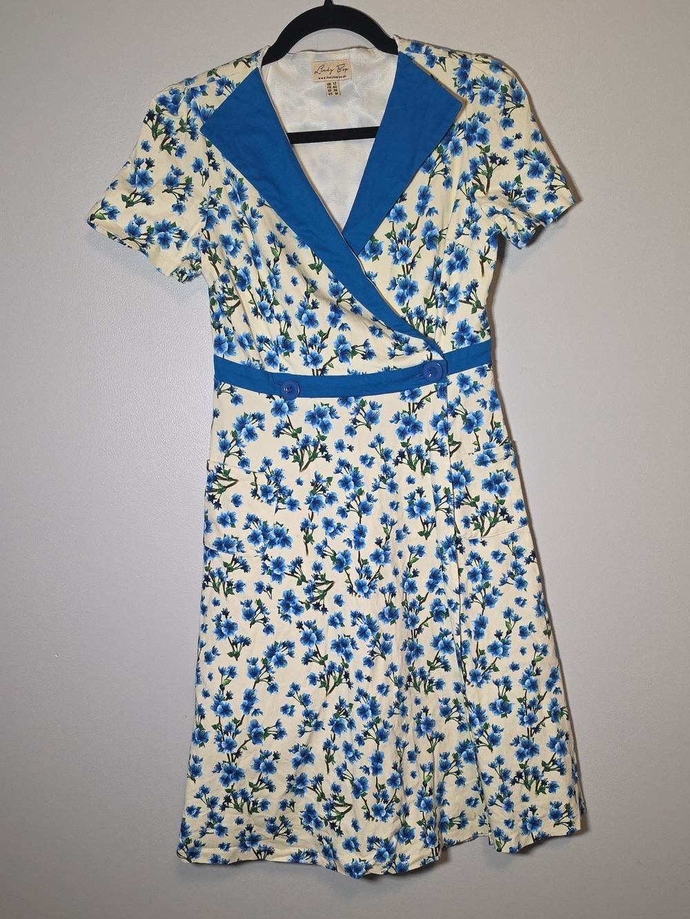 Lindy Bop Cream Dress with Blue Floral Print and Royal Collar